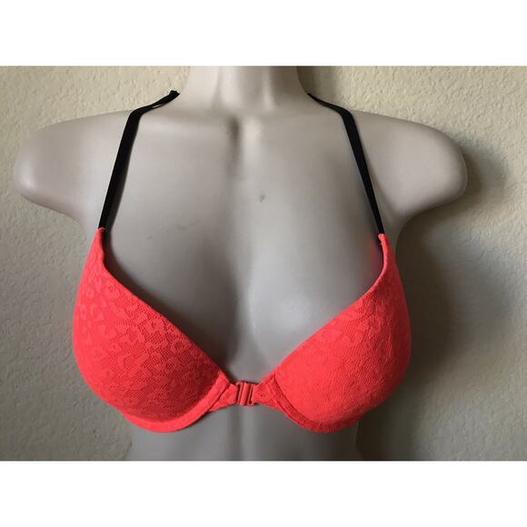 Victoria's Secret PINK Logo Orange Push Up Padded Front Closure Bra Size 32C - Picture 1 of 2